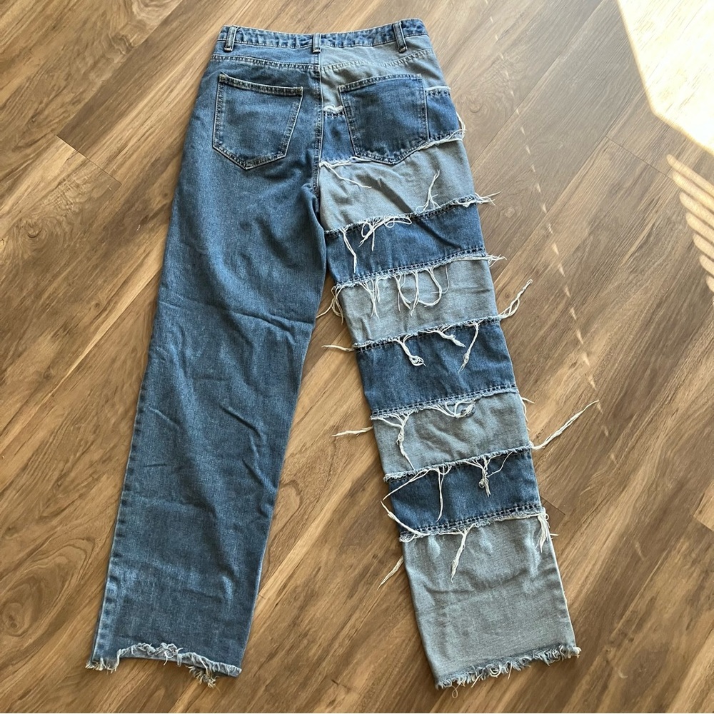 NEW RARE DISTRESSED PATCH COLORBLOCK JEANS - Picture 9 of 15